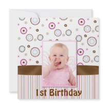 Pink & Brown Babys Photo First Birthday Invitation