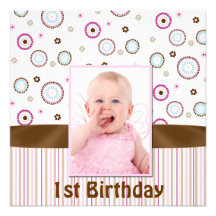 Pink & Brown Babys Photo First Birthday Invitation