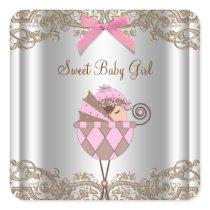 Pink Brown Carriage Baby Shower Label