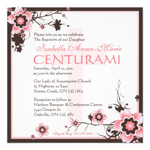 Pink & Brown Cherry Blossom Baptisim Invitation
