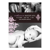 Pink & Brown Damask Birth Announcement