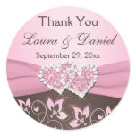 Pink, Brown Floral, Hearts Wedding Favor Sticker