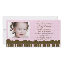 Pink brown girl's birthday party invite photocard photo greeting card
