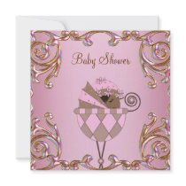 Pink Brown Gold Lace Baby Girl Shower Invtations