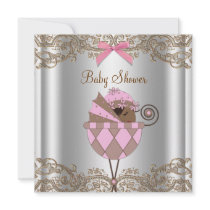 Pink Brown Lace African American Baby Girl Shower Announcements