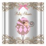 Pink Brown Lace Girl Baby Shower Invite