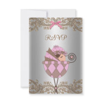 Pink Brown Lace Girl Baby Shower RSVP Custom Invitation