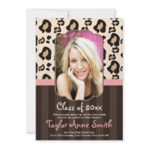 Pink Brown Leopard Print Graduation Photo Announce Invitations