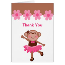 Pink & Brown Monkey Dancing in Tutu Girl Thank You Greeting Cards