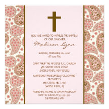 PINK & BROWN PAISLEY Baby Girl Baptism Inviation Custom Invitations