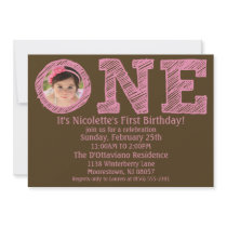 Pink/Brown The Big One Photo First Birthday Party Personalized Invite