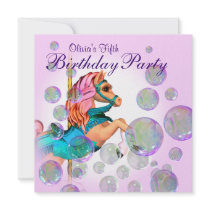 Pink Bubbles Carousel Pony Girls Birthday Party Custom Invitations