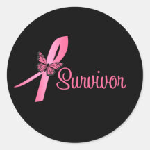 Pink Butterfly Ribbon - Breast Cancer Survivor Round Stickers