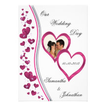 Pink Cascading Hearts Wedding Photo Invitations
