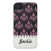 pink chandelier damask on black iPhone 4 cases