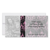 pink chandelier damask on black personalized photo card