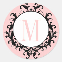 Pink Chic Wedding Monogram M Damask Label Stickers