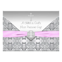 Pink Cross Baby Girl Baptism Christening Custom Invite