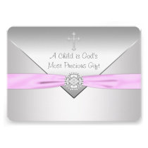 Pink Cross Baby Girl Christening invitations