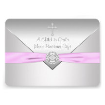 Pink Cross Baby Girl Christening Announcement