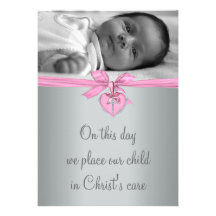 Pink Cross Baby Girl Photo Christening Personalized Invite