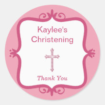 Pink Cross Baptism Round Sticker