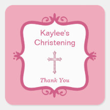 Pink Cross Baptism Square Sticker