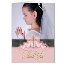 Pink Cross Photo First Communion Thank You Cards