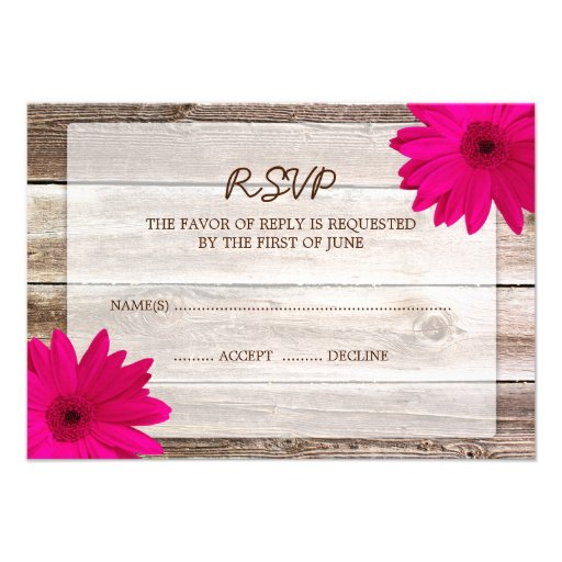 Pink Daisy Barn Wood Wedding RSVP Response Card Announcement