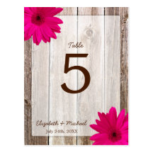 Pink Daisy Rustic Barn Wood Wedding Table Number Post Card