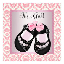 Pink Damask Black Shoes Pink Damask Baby Girl Show Personalized Invitations