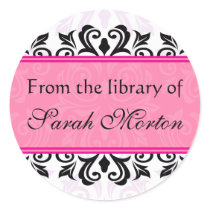 Pink damask bookplates/book labels round sticker
