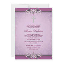 Pink Damask Cross First Communion Invitation