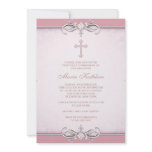 Pink Damask Cross First Communion Personalized Invitation