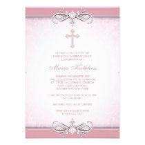 Pink Damask Cross First Communion invitations
