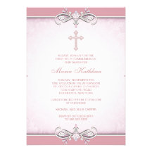 Pink Damask Cross First Communion Personalized Invitation