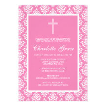 Pink Damask Cross Girl Baptism Christening Invitation