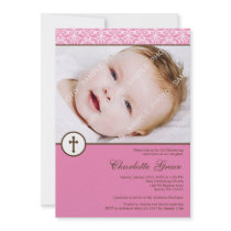 Pink Damask Cross Girl Photo Baptism Christening Invitations