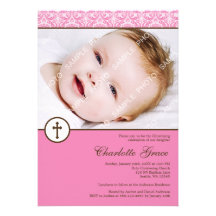 Pink Damask Cross Girl Photo Baptism Christening Invitations