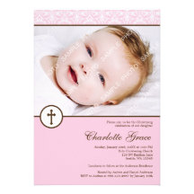 Pink Damask Cross Girl Photo Baptism Christening Personalized Invitations
