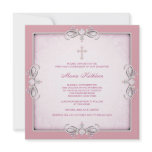 Pink Damask Cross Girls Pink First Communion Announcement