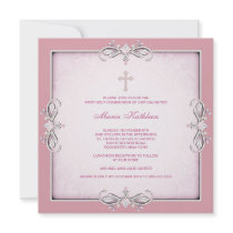 Pink Damask Cross Girls Pink First Communion Announcement