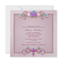 Pink Damask Cross Girls Pink First Communion Announcements