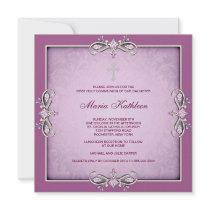 Pink Damask Cross Girls Pink First Communion Personalized Invites