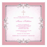 Pink Damask Cross Girls Pink First Communion Announcement