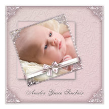 Pink Damask Girl Photo Birth Announcement