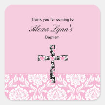 Pink Damask Girls BaptismThank You sticker