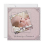 Pink Damask Girls Photo Christening Invitations