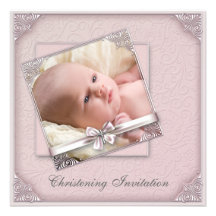 Pink Damask Girls Photo Christening Invitations
