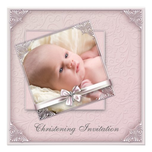 Pink Damask Girls Photo Christening Invitations
